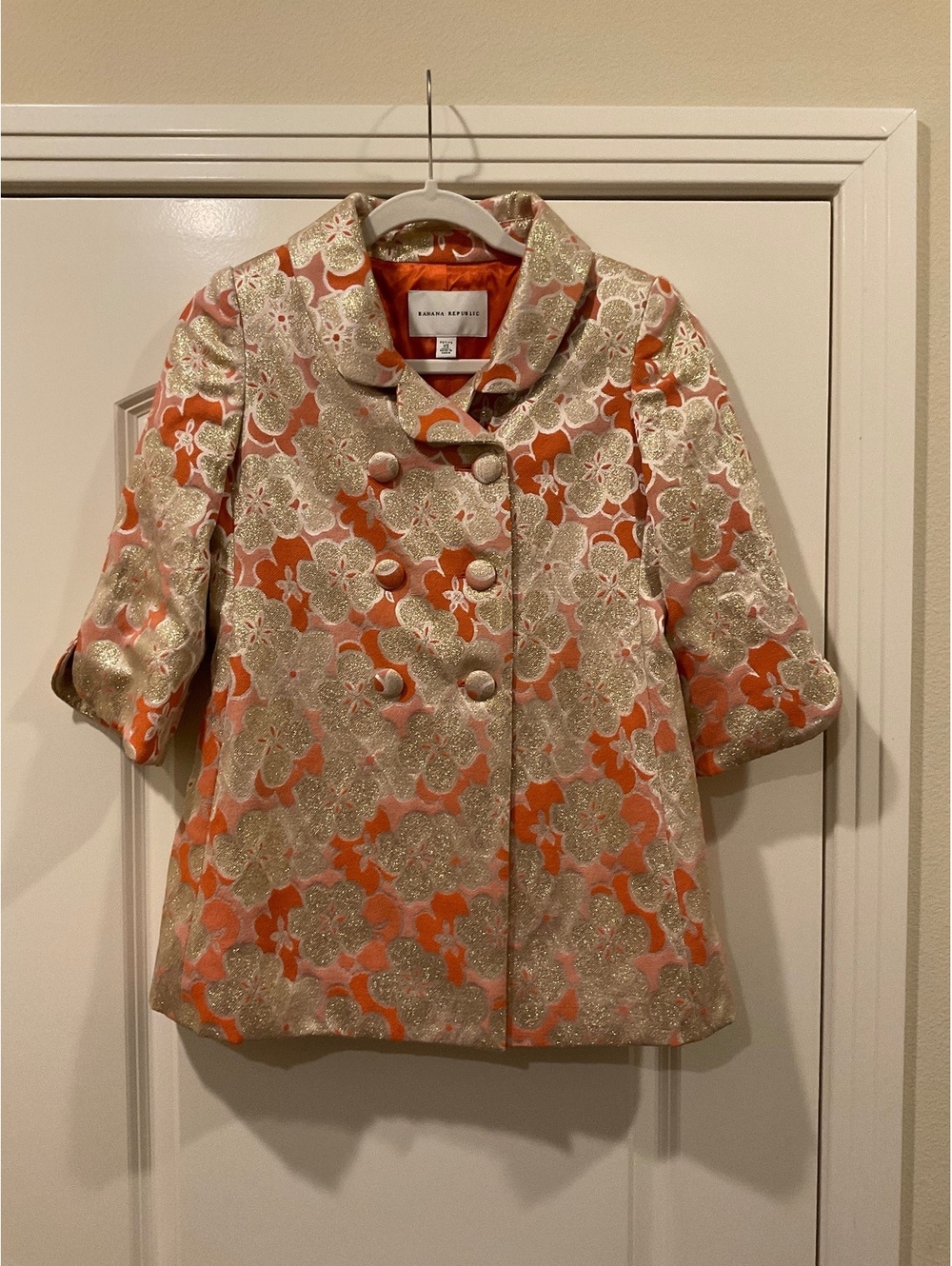 Banana Republic Vintage Brocade Jacket Silk Blend Gold Coral Floral Petite XS